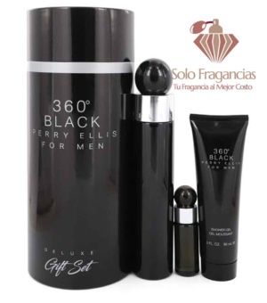 Perry Ellis 360 Black - Gift Set - 3.4 oz EDT Spray + .25 oz Mini EDT Travel Spray + 3 oz Shower Gel