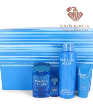Perry Ellis Aqua - Gift Set - 3.4 oz EDT Spray + .25 oz Mini EDT Spray + 6.8 oz Body Spray + 1.7 oz Shower Gel